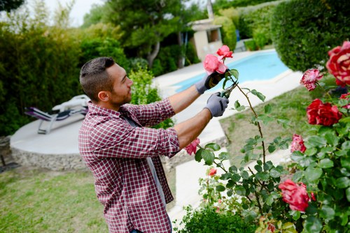 Gardener working in a Bethnal Green terraced house garden